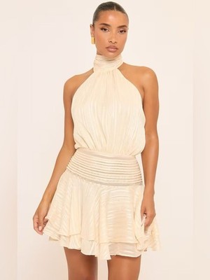 EGO High Neck Open Back Layered Frill Hem Mini Dress In Cream Size 4