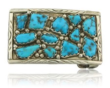 Vintage Zuni Belt Buckle 925 Silver Cluster Natural Turquoise Signed Wayne C.