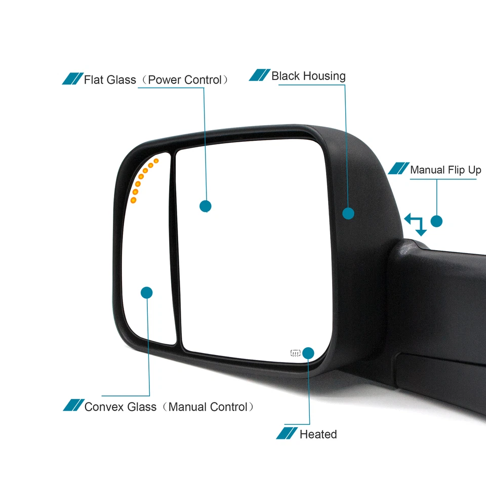 Espejos retrovisores de remolque laterales diestros intermitentes eléctricos térmicos para Dodge Ram 1500 1999-01 negros Foto 2 de 4
