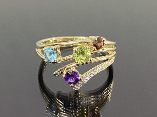 Ladies 9ct Yellow Gold Dress Ring Topaz, Amythest, Peridot & Garnet Size O & 1/2 - Picture 5 of 7