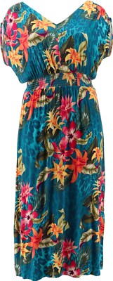 IMAN Global Chic Smocked Waist Maxi Dress TRUE TEAL FLORAL XS NWOT (384)