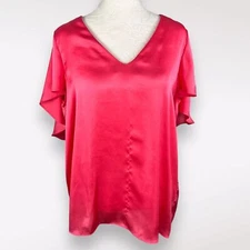 Ruby Ribbon V-Neck Flutter Sleeve Blouse Satin Pink Medium ❗️FLAWED❗️