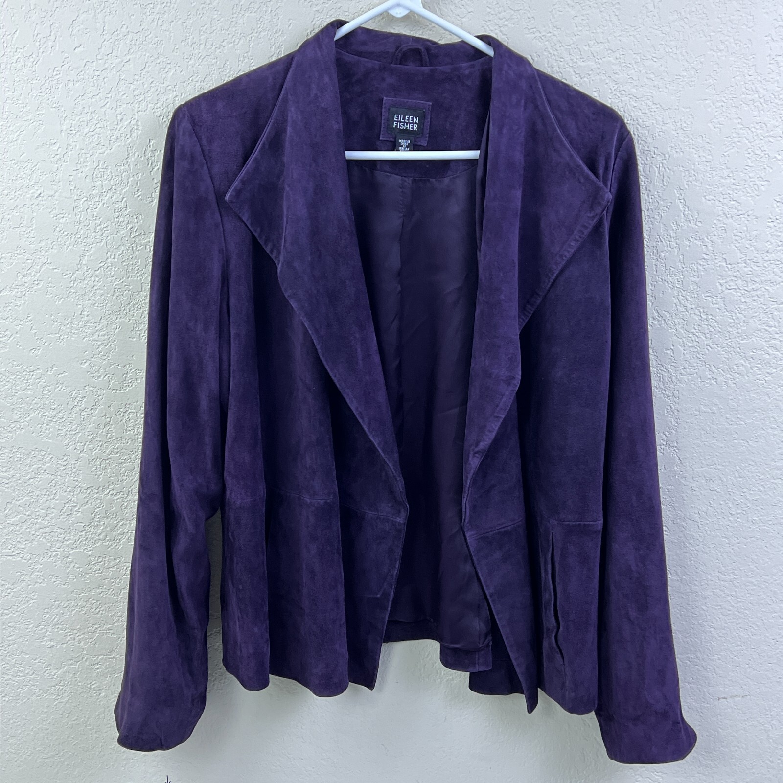 Eileen Fisher Womens Goat Leather Jacket Medium Dark Purple Open Suede Blazer