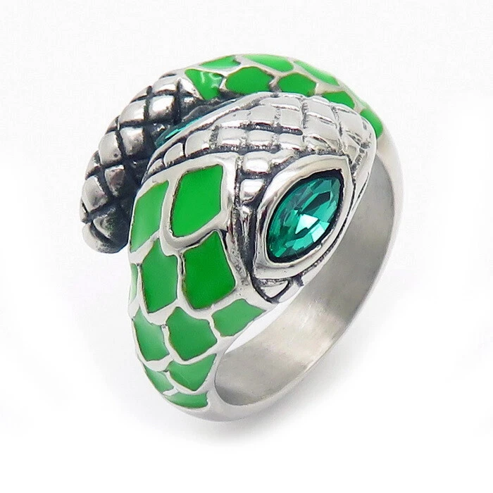 Anillo de serpiente ojo circonita verde esmalte y circonita cúbica para hombres mujeres acero inoxidable moda anillo regalo Foto 2 de 3