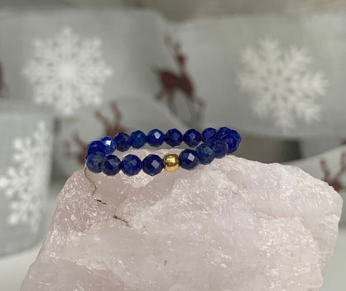 Lapis Lazuli & Pyrite Faceted Round Gemstone Beads Stretchable Rings For Girls - Picture 3 of 15