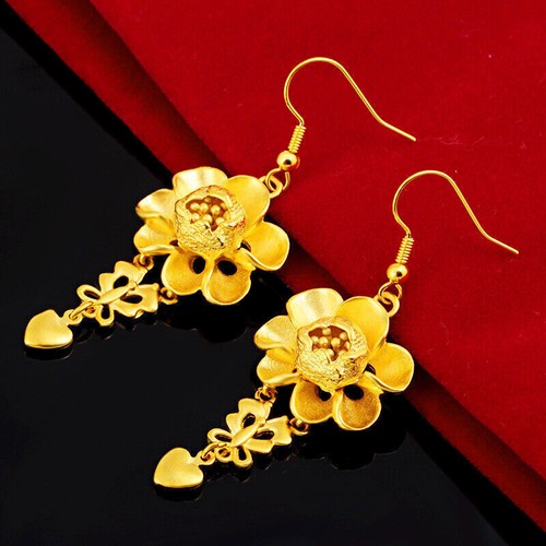 Girl's flower tassel 22K 23K 24K THAI BAHT YELLOW GP GOLD Earrings - Picture 6 of 6