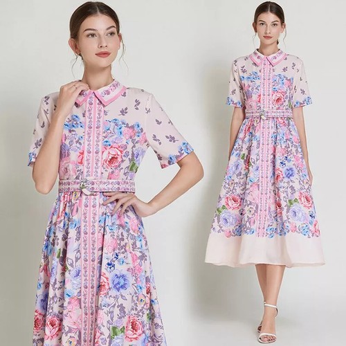 Robe Longue Élégant Bohoo Chic Rose Motif à Fleurs Ceinture Doux Gipsy