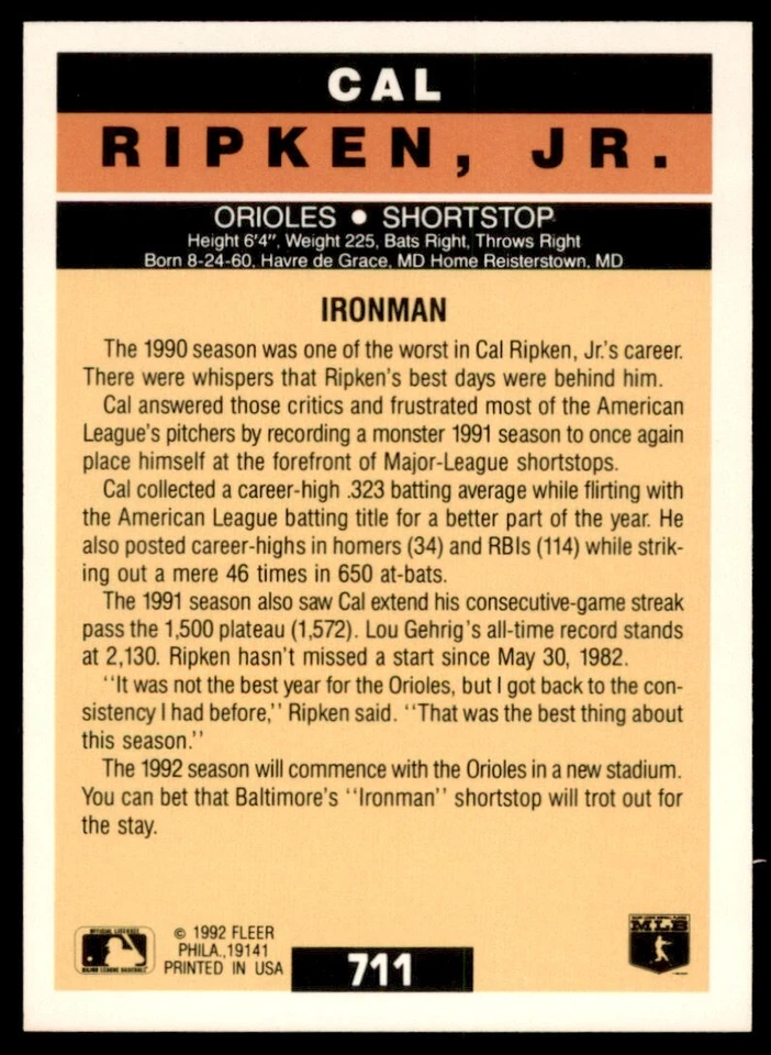 1992 Fleer Cal Ripken, Jr. Baltimore Orioles #26 - Image 2 of 2