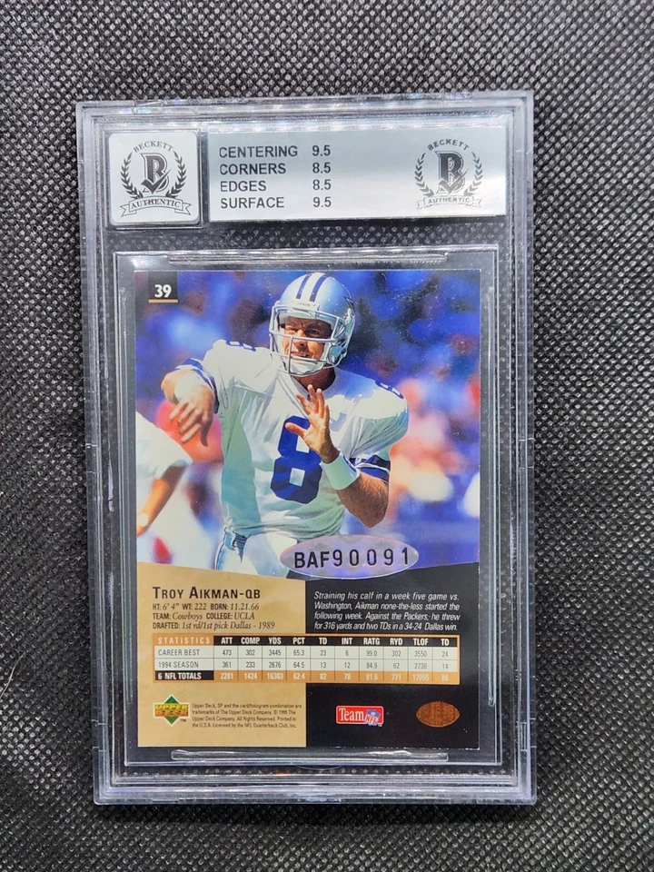 1999 SP Authentic Troy Aikman Blue Ink On-Card Auto /94 BGS 8.5 - Image 2 of 2