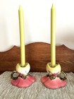 Mid-Century Hull Woodland Pair Of Candlesticks, W-30, Chartreuse, Pink