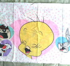 VTG Bibb Twin Flat Bed Sheet Pillowcase Fabric Tweety Taz Sylvester Bugs 1994
