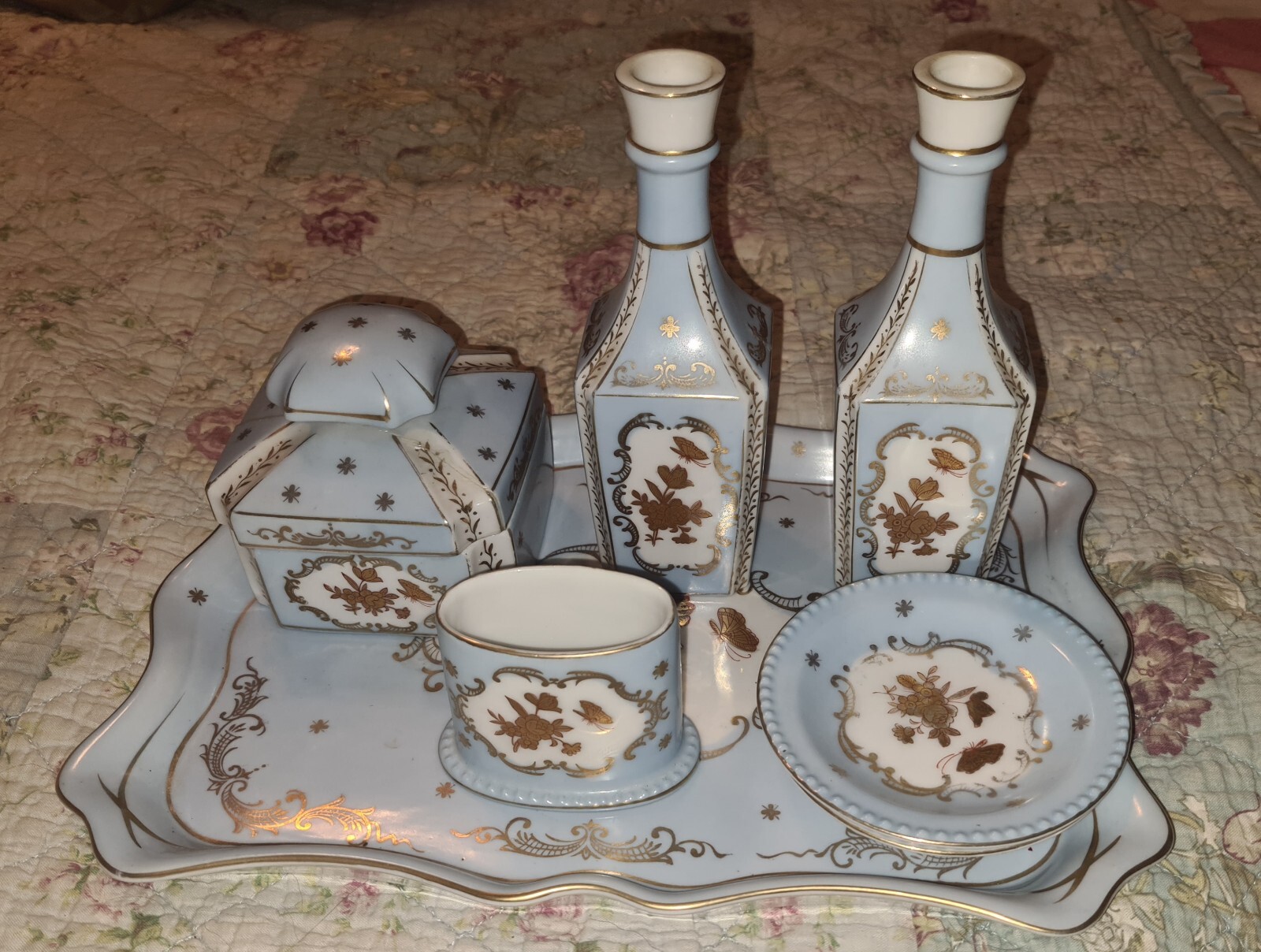 Shafford Rose D'or #3408 Rare Powder Blue Vanity Porcelain Set 8 Pieces ...