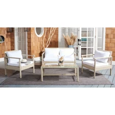 SAFAVIEH Outdoor Collection Garnen 4-Piece Patio Set | Beige/White Cushion |