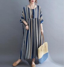 Womens Fashion Summer Round Collar Short Sleeve Loose Stripe Printed Dress Maxi
