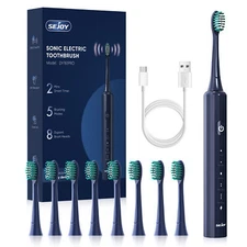 SEJOY Sonic Electric Toothbrush USB Rechargeable W/ 8 Duponts Brush Heads 5Modes