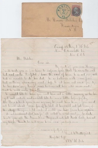 CIVIL WAR LETTER - 13th NH Infantry - Nurse Writes to Parents About Dying Son !