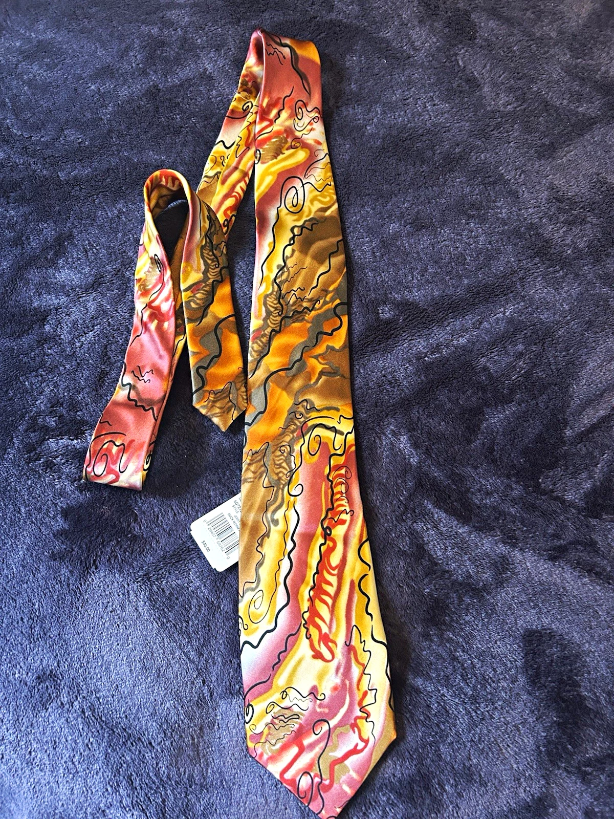J. Garcia Men's Silk Designer Tie Abstract Satin Gold Orange Pink Black - product detail image 1