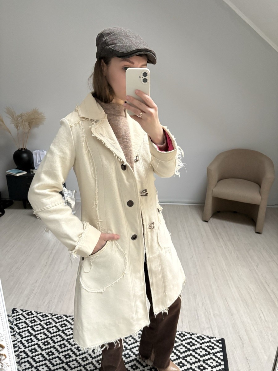 Diesel Trench Coat Denim Wool Grunge Distressed Y2K Vintage Beige