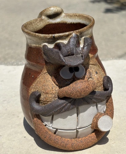 VGT Funny Ugly Face 3D Mug Studio Art Pottery Mustache Man Face Brown Cup