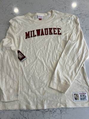 Milwaukee Bucks Beige Red Mitchell & Ness LS T-Shirt Nostalgia Graphic Mens XL 