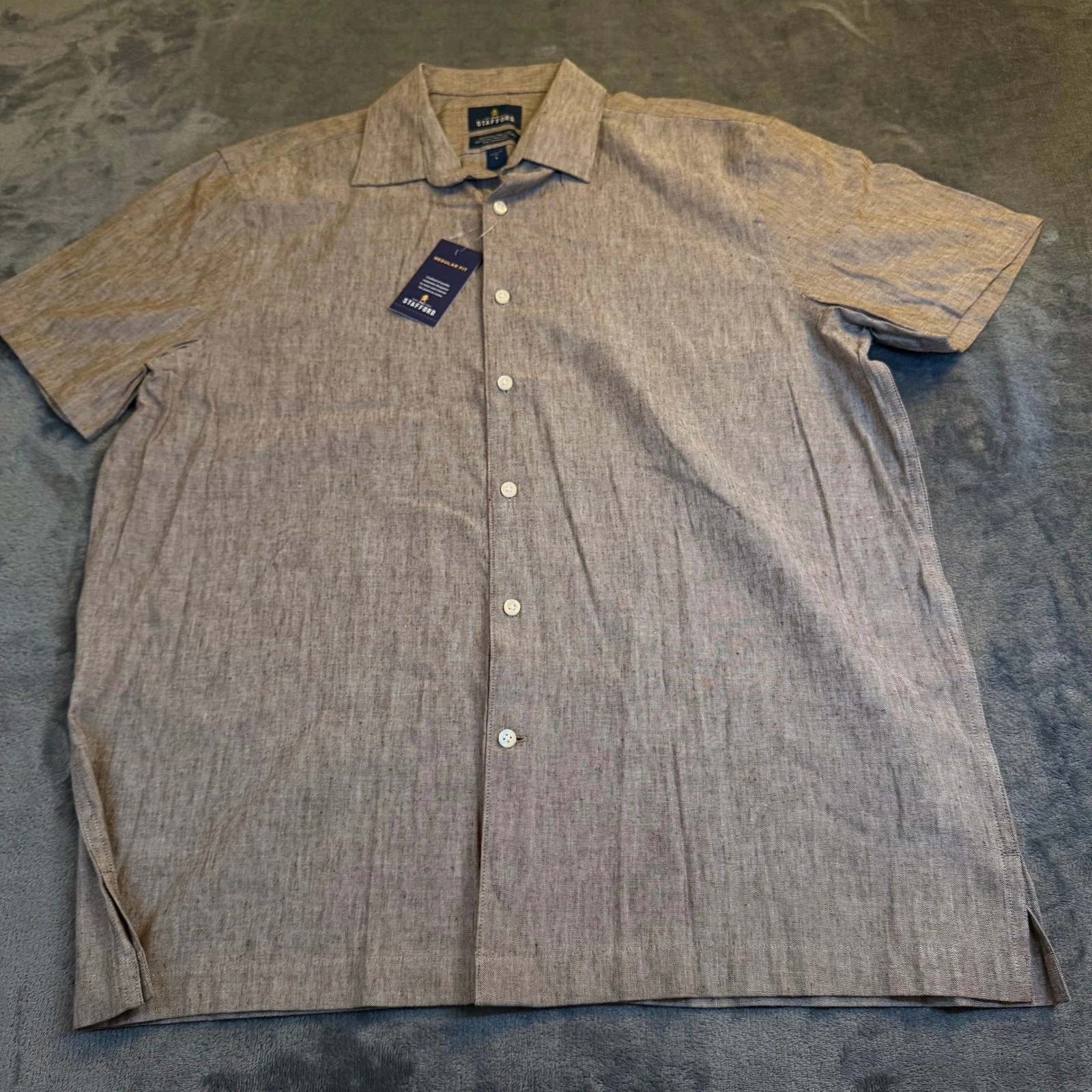 Stafford Linen Blend Button Up Short Sleeve Shirt Wagon Brown Mens Large NWT
