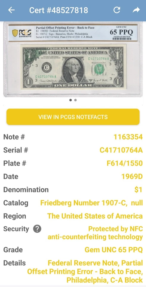 $1 1969D FRN Partial Offset Printing Error Back To Face PCGS 65 PPQ Gem UNC  - Image 3 of 4