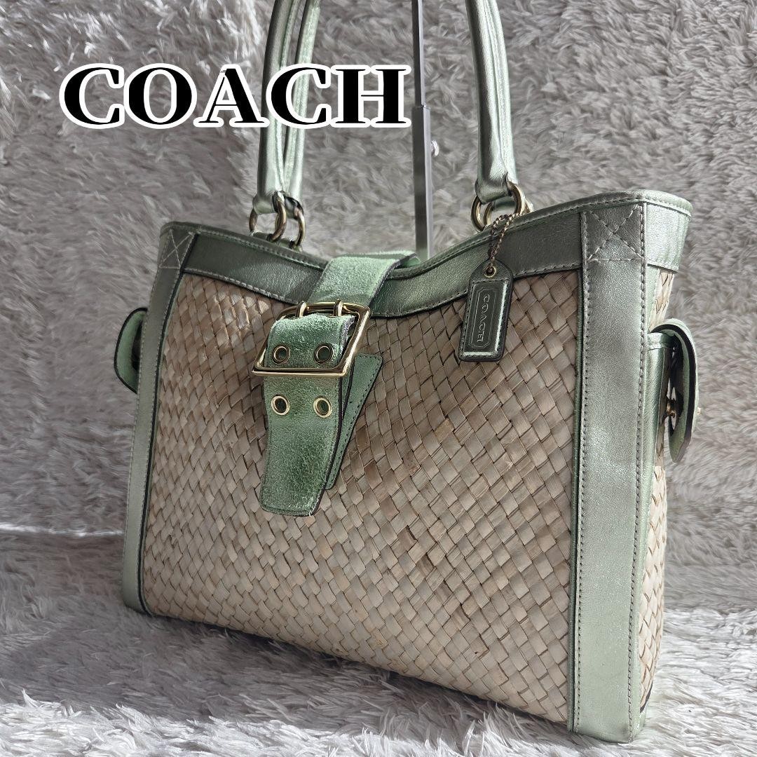 バッグ Coach Soho Straw Tote Bag Basket Y2K COACH SOHO Straw Large Boxy Tote Basket Bag Green - Gem