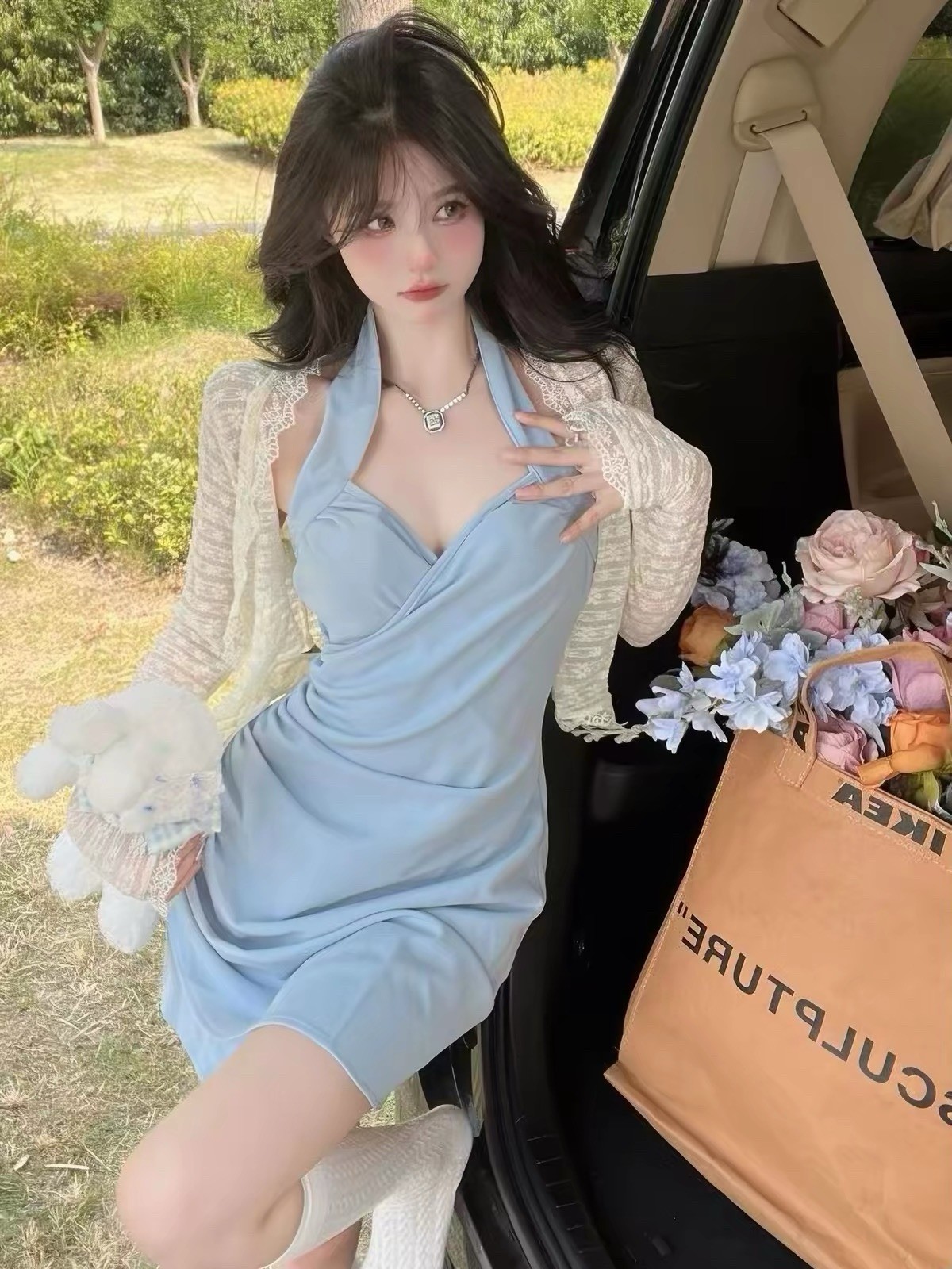 Cute Light Blue Halter Mini Dress Ruched Bodycon Date Night Dress M