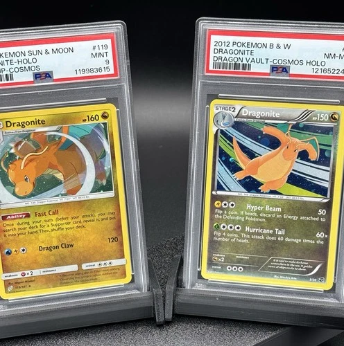 2012 B&W DRAGON VAULT COSMOS DRAGONITE 5 PSA 8 + 2019 S&M TEAM UP COSMOS PSA 9