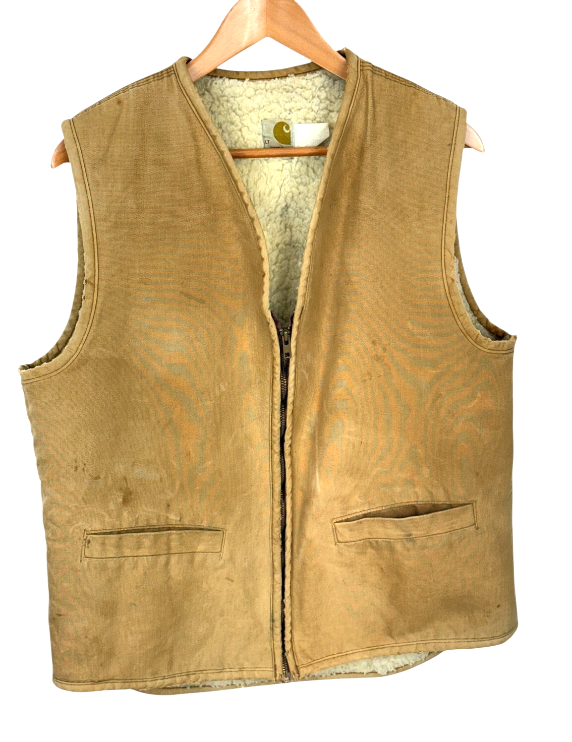 Vntg Carhartt mens vest size L tan thrashed sherpa lined full zip READ