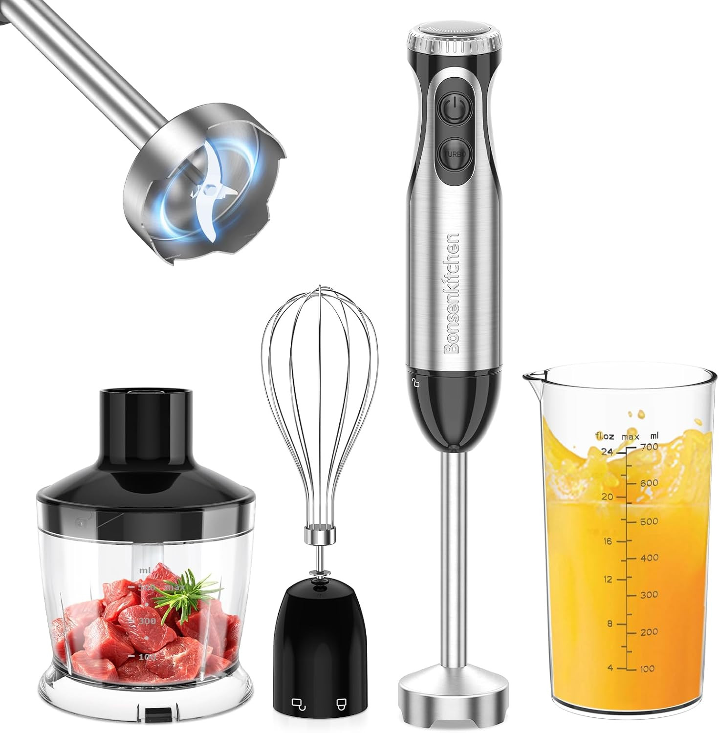Frullatore a Immersione Multifunzione 4 in 1, Minipimer in Acciaio Inox, 1000 W,