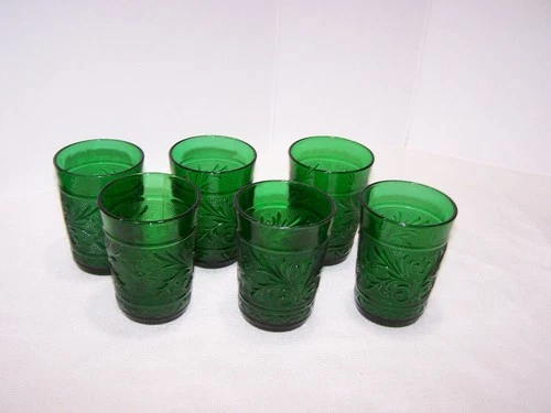 Vtg Anchor Hocking Forest Green Sandwich Glass Tumbler 9 Oz Set Of 6
