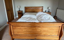 King Wooden Sleigh Bed Frame with Headboard, Slatted Base, Brown Finish