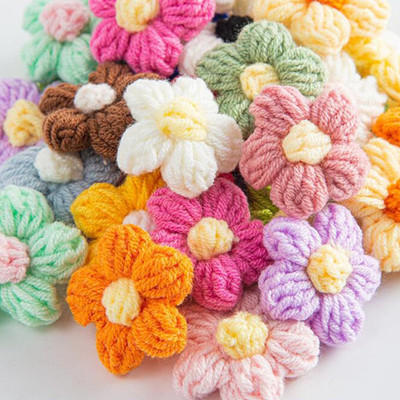 100Pcs Crochet Flowers Puff Flowers Knitted Yarn Flowers Handmade Crochet Flower
