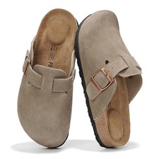 Genuine Leather Womens Cork Footbed Clogs Taupe Suede Size 9