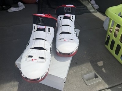 Nike Zoom LeBron 4 Men s Mid Top Strap Sneakers White/Black/Red Graphic