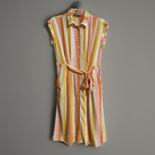 Loft Colorful Striped Midi Rayon Button Up Shirt Dress w/Pockets sz 4 Petite