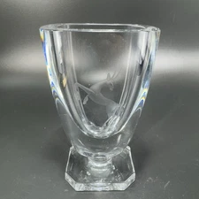 Vintage Strombergshyttan Swedish Crystal Etched Leaping Deer Pedestal Vase VTG