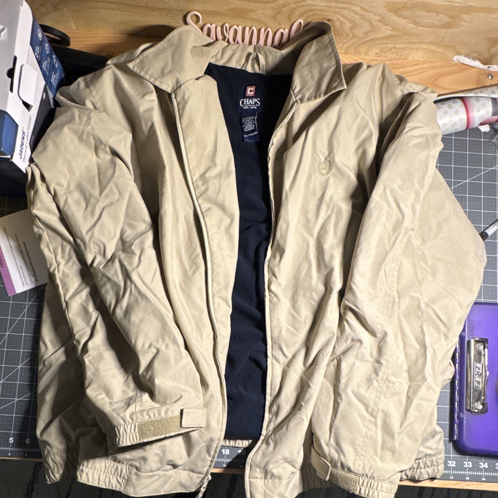 Chaps Men’s Beige Full Zip Jacket w/ Pockets, Stand-Up Collar, XXL Big & Tall