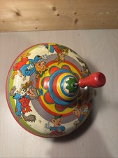 1950's Ohio Art USA Tin Spinning Top Toy Red Wood Handle Workin 9  Pigs  Wolf