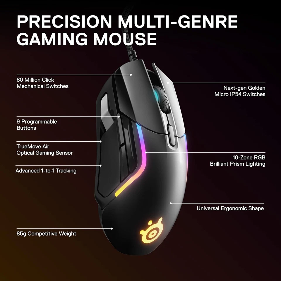 SteelSeries Rival 5 Gaming Mouse with PrismSync RGB Lighting and Wired, Black - Image 3 of 4