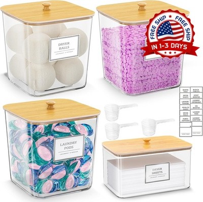 4 Piezas Contenedores Laundry Pods Organizador Polvo Detergente Tapa Madera