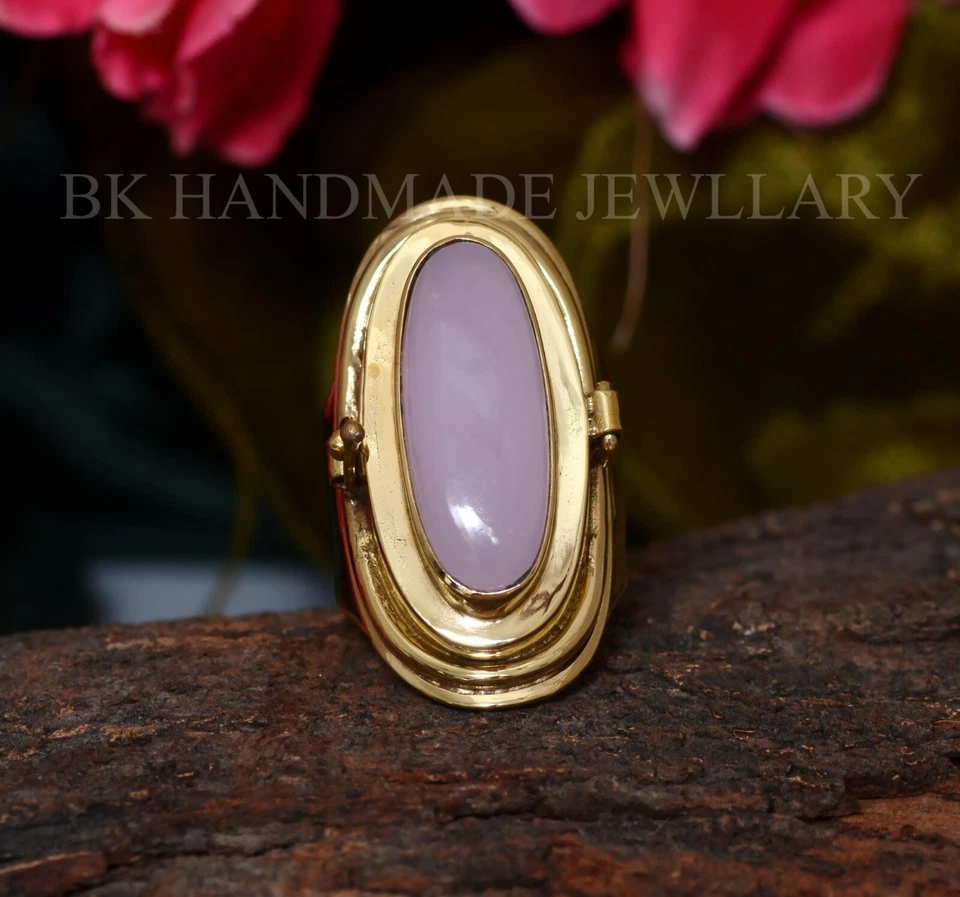 Anillo de piedras preciosas de cuarzo rosa natural, anillo llamativo, anillo venenoso chapado en oro, Foto 2 de 4