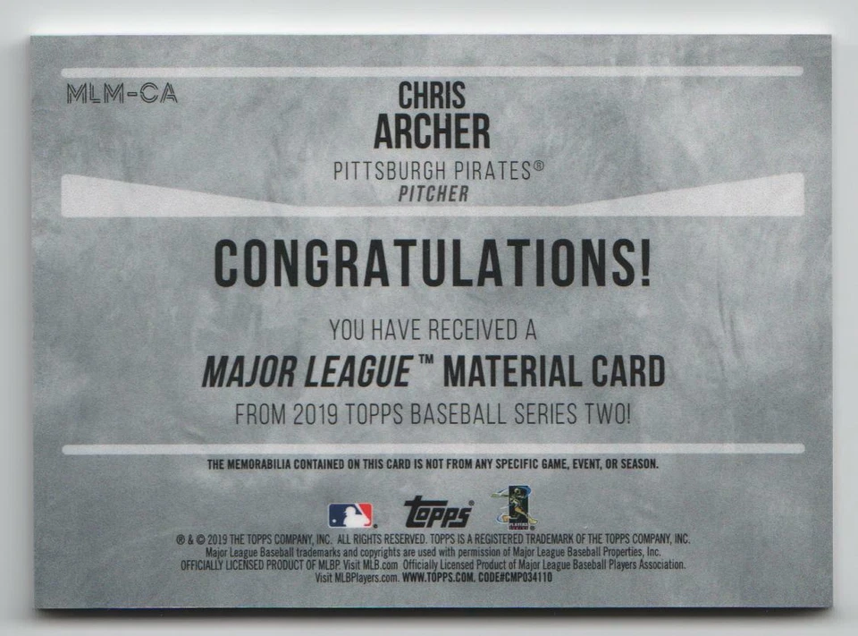 Chris Archer Red Parallel 02/25 Major League Material 2019 Topps Series 2 - Image 2 of 2
