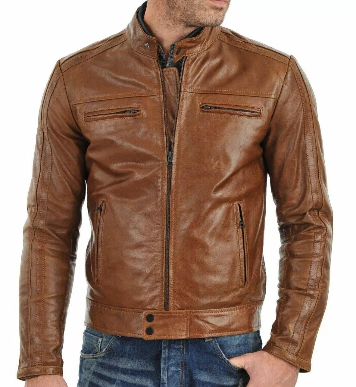 Mens Jacket Racer Unique Leather Exclusive Stylish Biker Formal Lambskin Collar