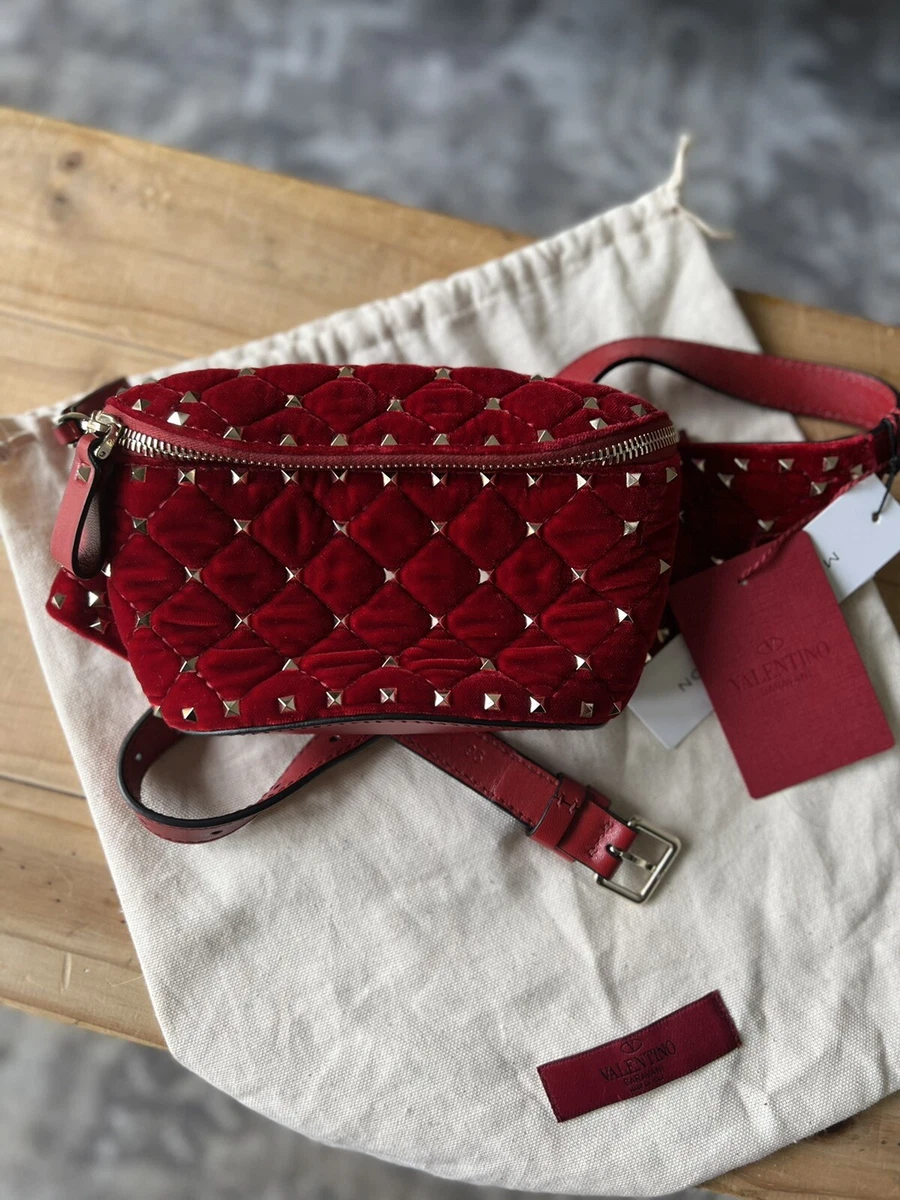 Authentic Valentino Garavani Rockstud Spike Belt Bag, Quilted Velvet-Red