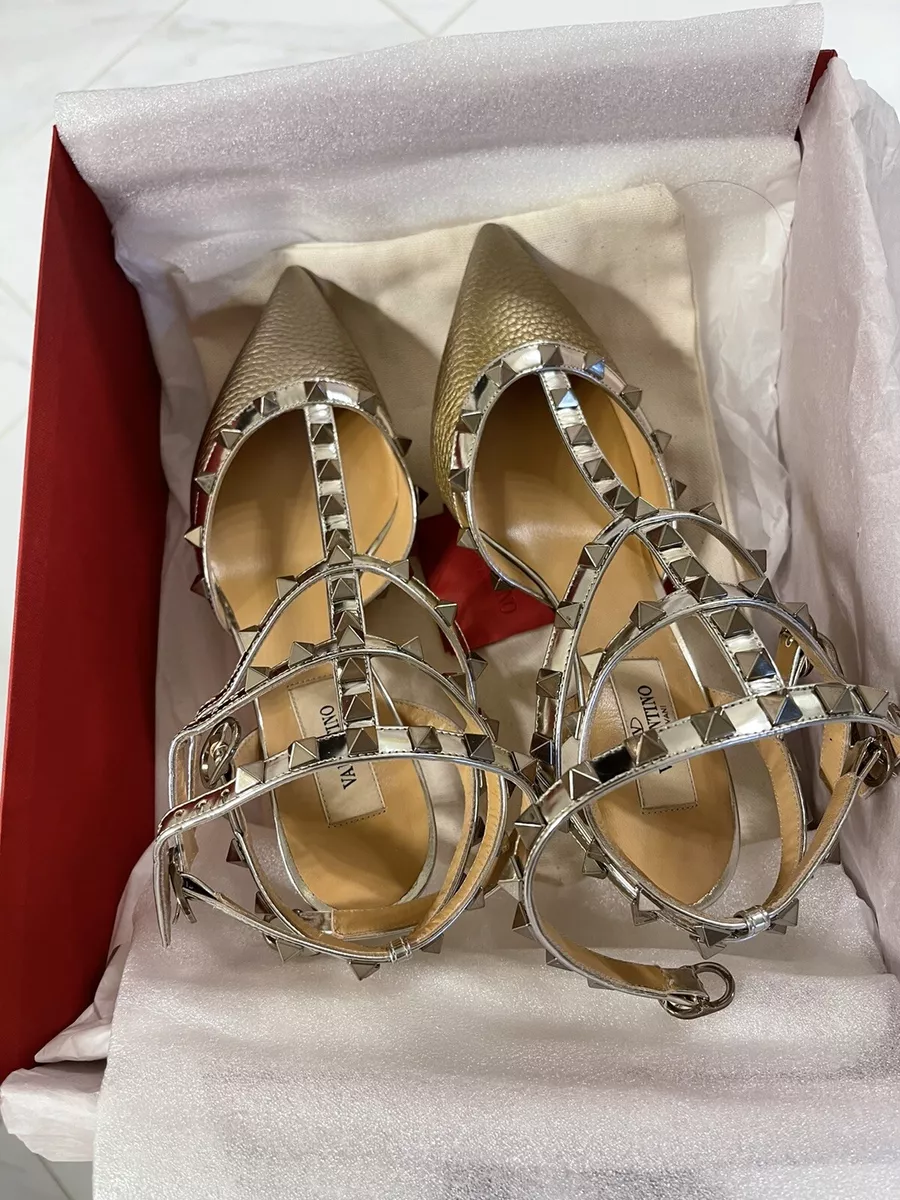 Valentino Rockstud Metallic Gold Ankle Strap Low Heel Shoes 36 | eBay