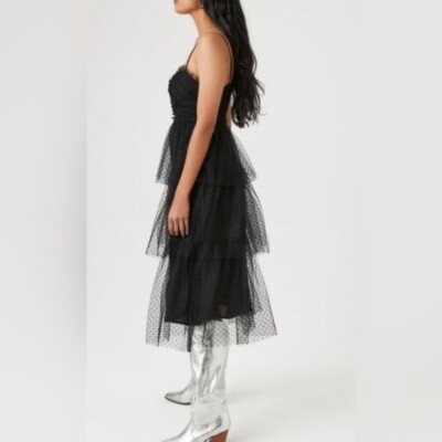knee length dresses for ladies Black Long Sleeve Ruffle Tiered Midi Dress main image 1