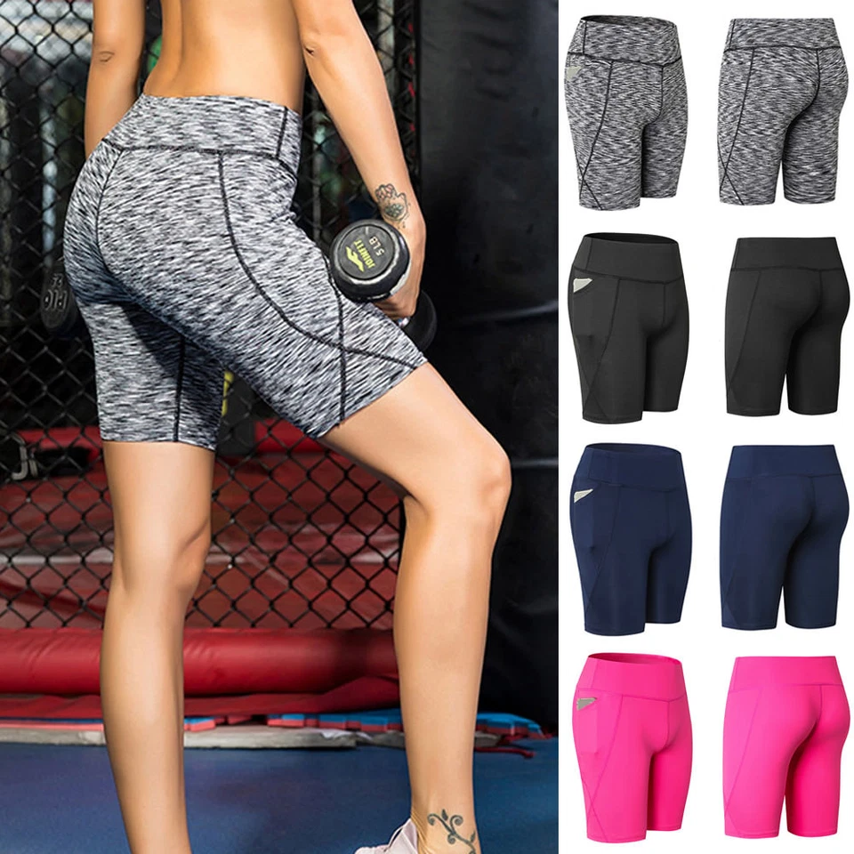 Damen elastische Sport Shorts Seite Tasche Athletic Yoga Fitness Hohe Taille - Bild 1 von 4