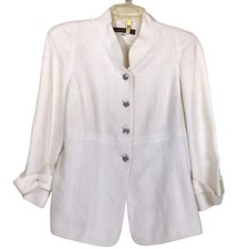 Anne Klein 100 Linen Button Front 3/4 Sleeve Cream Blazer Jacket Sz 10
